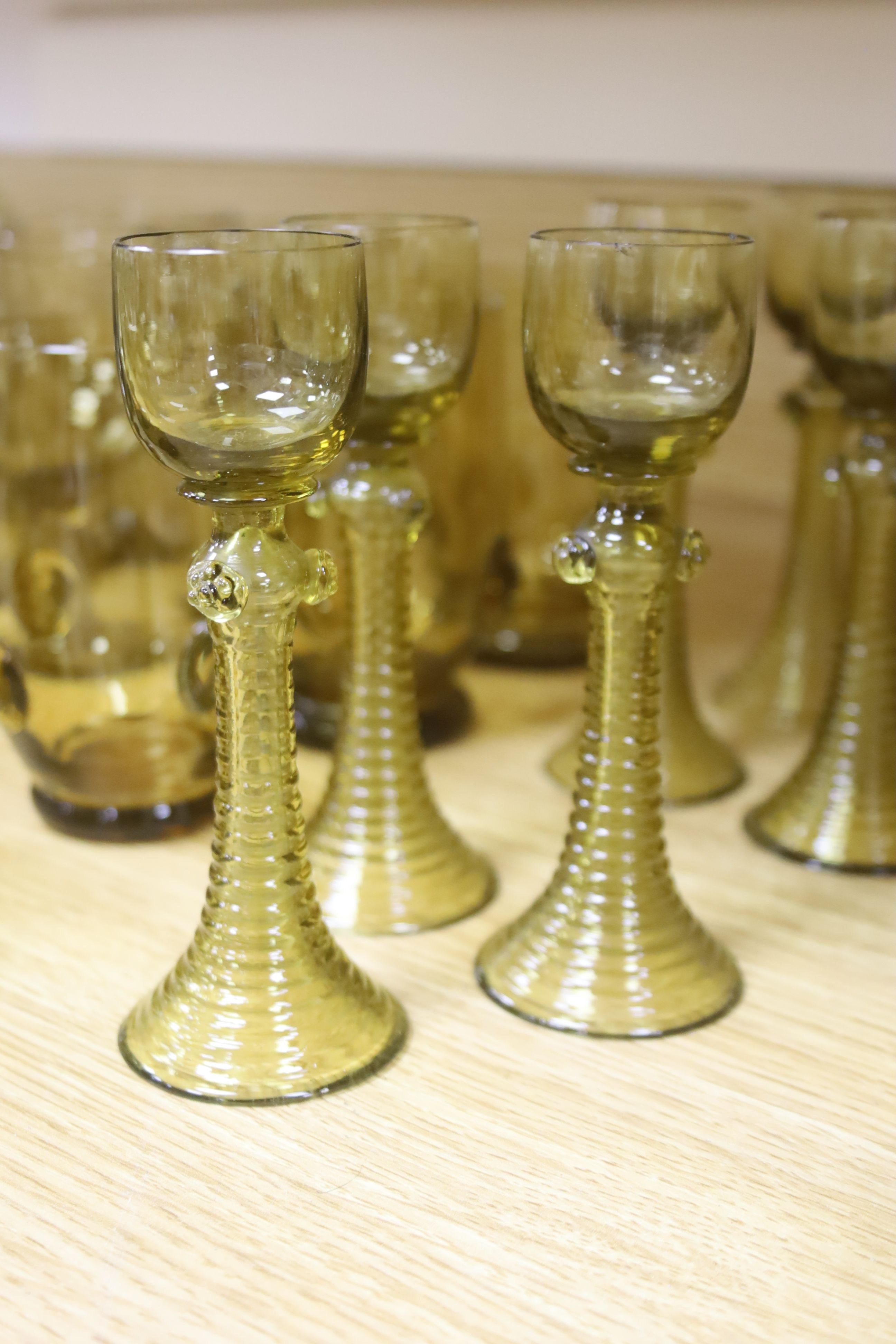 A large collection of roemer and humpen type drinking glasses